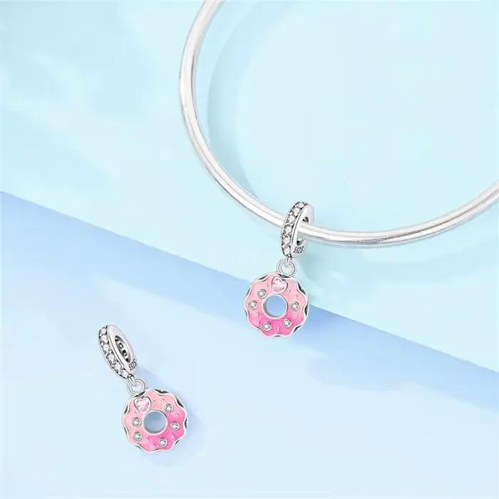 Breloques en argent sterling 925 en forme de donut rose avec zircon, perles pendantes compatibles avec bracelet original de 3 mm, bijoux DIY pour femme, cadeau d'anniversaire ou de fête
