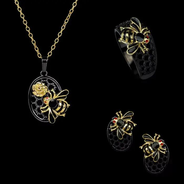 Ensemble de bijoux créatifs noir et or, ensemble de 3 pièces pour dame abeille diamant émail bague c