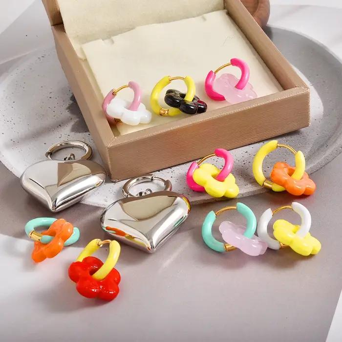 Boucles d'Oreilles Enamel Dopamine Pour Fille Motifs Cœurs Fleurs Abeille Élégantes Gothiques Occasions Spéciales