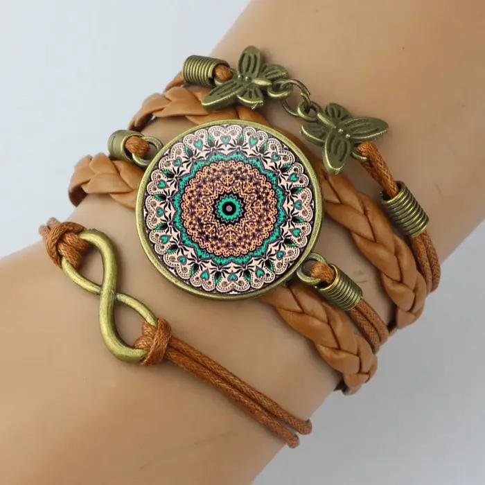 Bracelet Mandala Fleurs en cuir tissé vintage multicolore pour femmes et hommes occasions spéciales