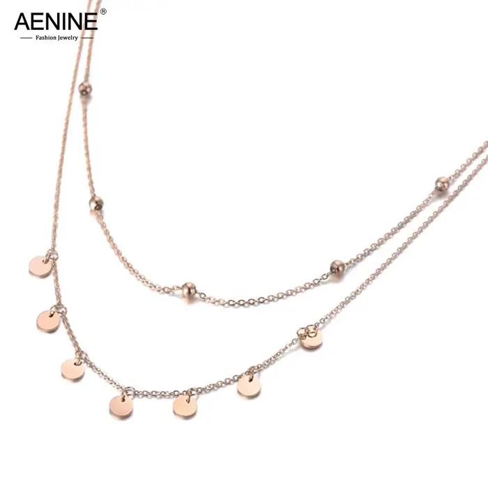AENINE – collier à double couche en acier titane pour femmes, chaîne à breloques, bijoux de plage, pendentif, N19127