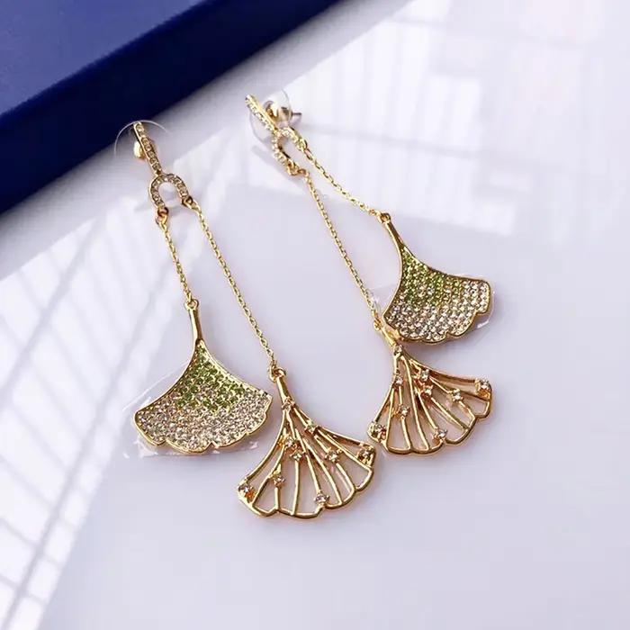 Original 2025 élégant vert cristal ensemble de bijoux fins pour les femmes or en forme d'éventail petite feuille collier boucles d'oreilles Bracelets bagues