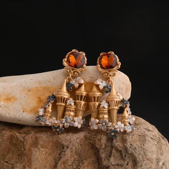Boucle d'oreille Vintage en émail château d'or, broche en argent 925, Agate rouge, cristal, cerceau