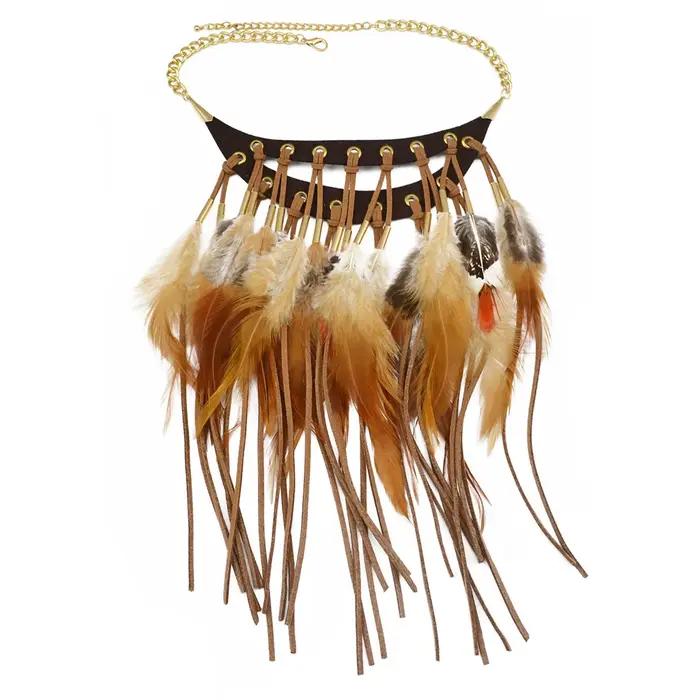 Collier Vintage Bohème à Plumes Longues et Pendentif en Cuir pour Femme Occasions Spéciales Soirées Festivals