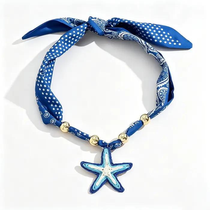 Collier ras du cou bandana bleu bohème pour femme