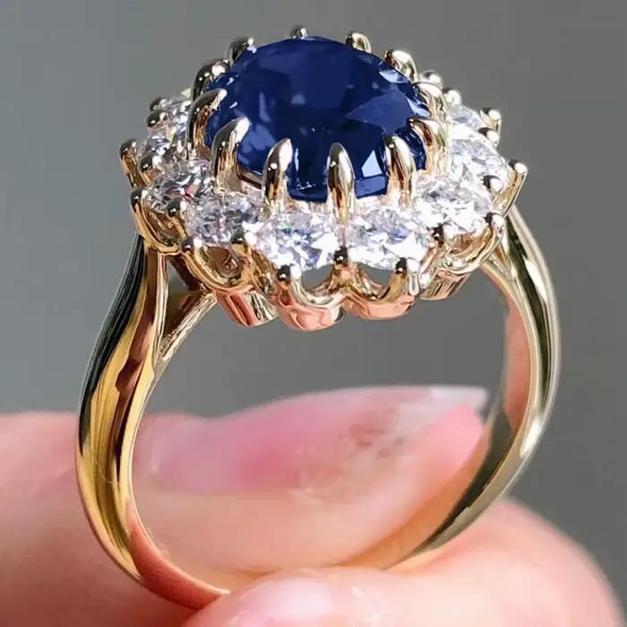 Bague ovale incrustée de Zircon bleu pour femmes, couleur or exquise, classique, mode, fiançailles,