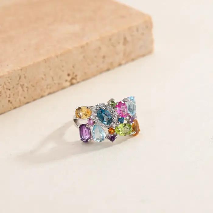 Bague de cocktail en argent sterling 925 sertie de topaze et pierres naturelles multicolores pour femmes occasions spéciales