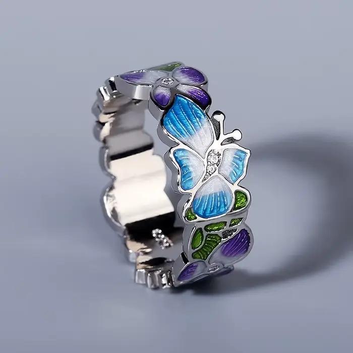 Bague en argent 925 pour femmes, exquise, faite à la main, émail bleu, goutte d'huile, papillon, fle