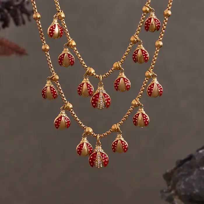 Ensemble de bracelets et collier avec pendentif coccinelle en Zircon rouge pour femmes