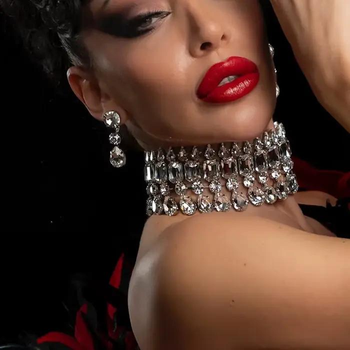 Ensemble de bijoux exagérés pour femmes, tendance, accessoires de mariage de dubaï, Drag Queen, collier et boucles d'oreilles géométriques en strass