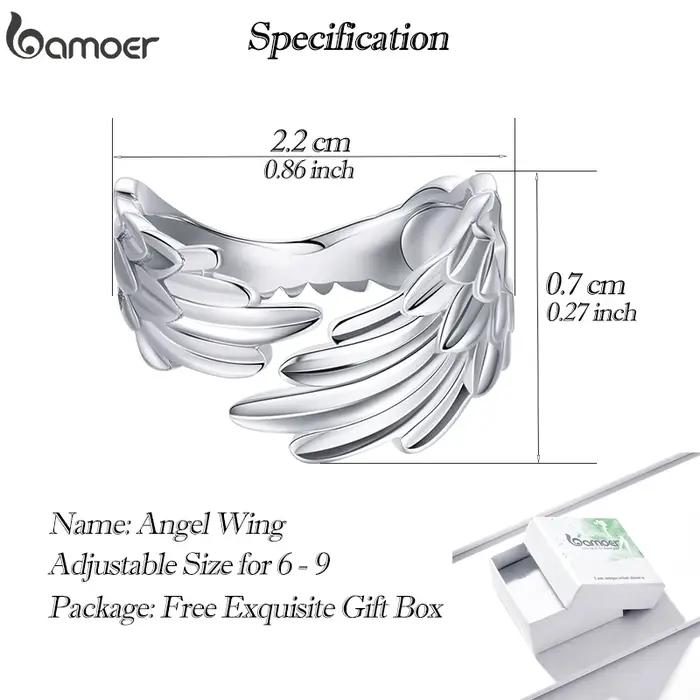 Bamoer 925 en argent Sterling ailes de gardien anneau ouvert aile d'ange réglable bague pour les femmes mode déclaration bijoux SCR512
