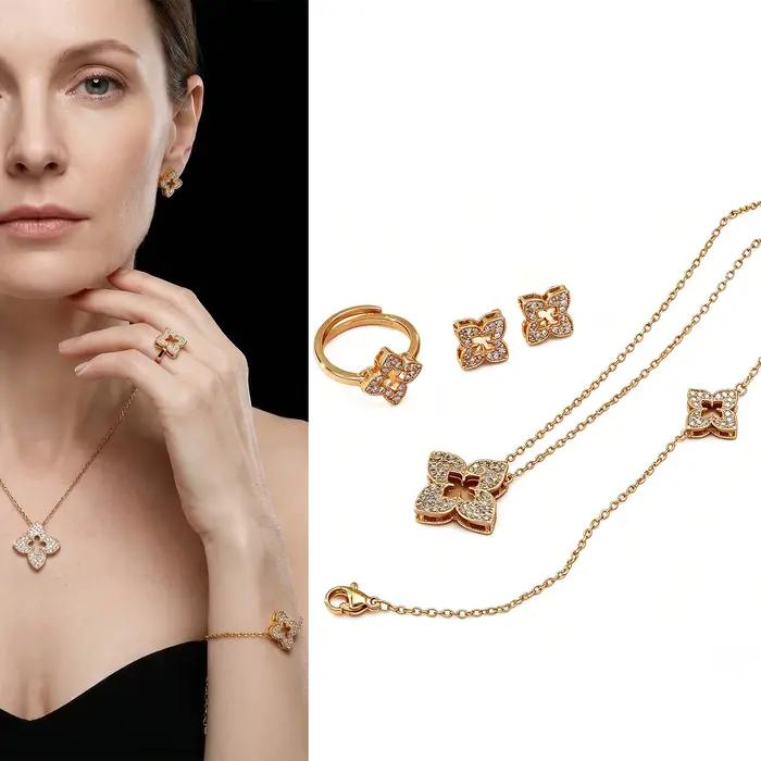 Ensemble de bijoux de luxe 4 pièces en forme de trèfle avec zirconiums cubiques - Collier