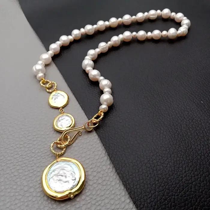 Y · YING-Collier Ras du Cou en Perle de Pomme de Terre Blanche, Pièce de Monnaie, Breloque, Fait à l