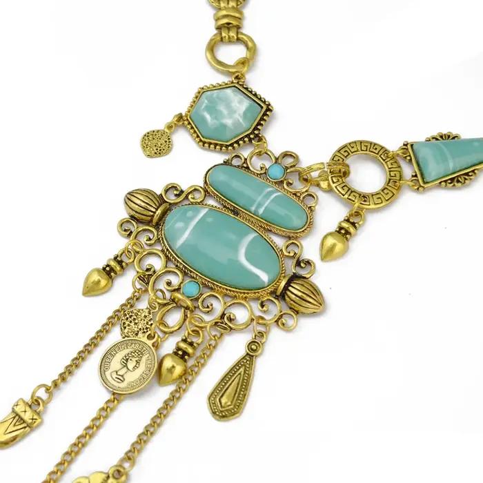 Collier bohème Femme gland Maxi pièce de monnaie cou chaîne turc vert pierre pendentif femmes bavoir