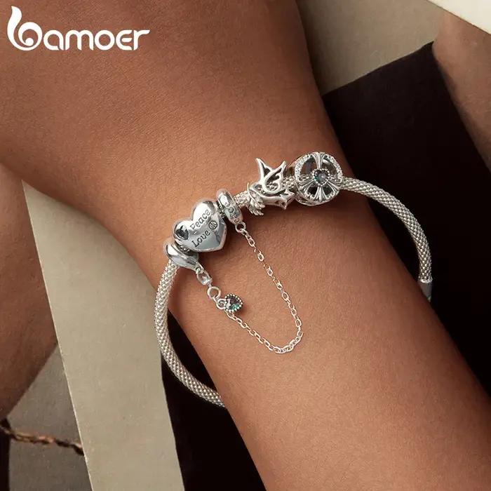 BAMOER Anti-guerre série 925 en argent Sterling colombe de la paix et amour coeur breloque à perles Bracelet Original