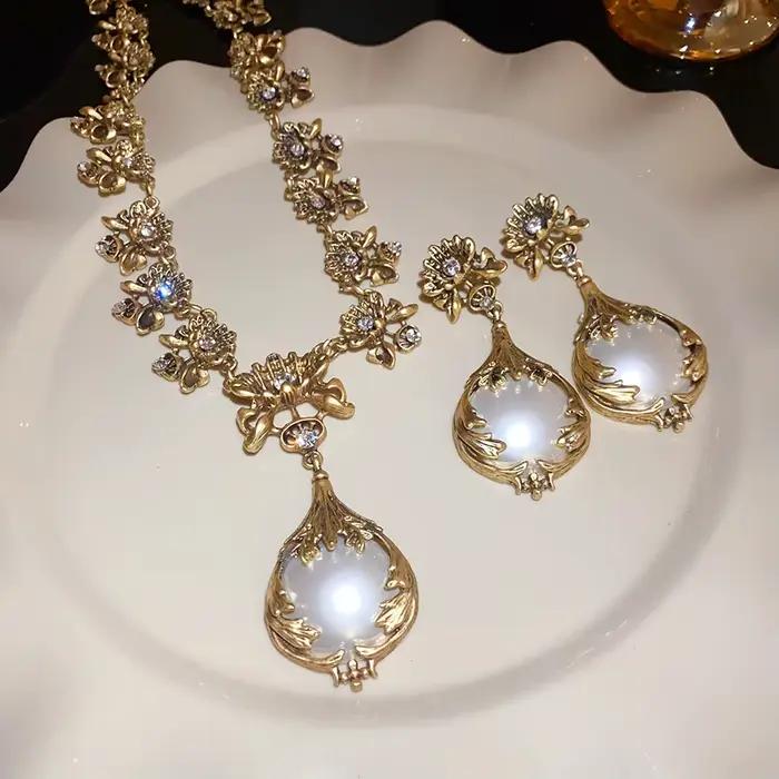 Boucles d'oreilles pendentif fleur de perle collier de luxe léger