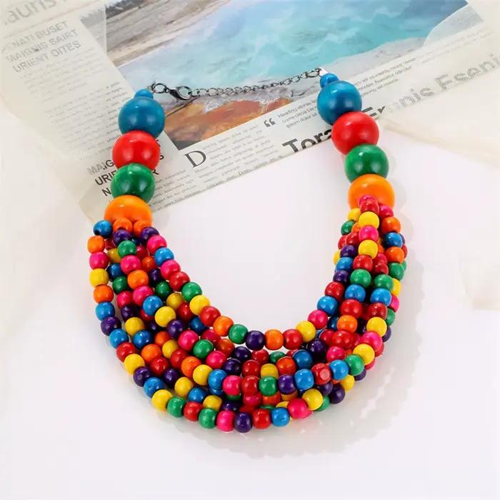 Collier bavoir multicouche en perles de bois pour femmes, Style africain bohème, fait à la main, accessoires de bijoux d'été, collier ras du cou