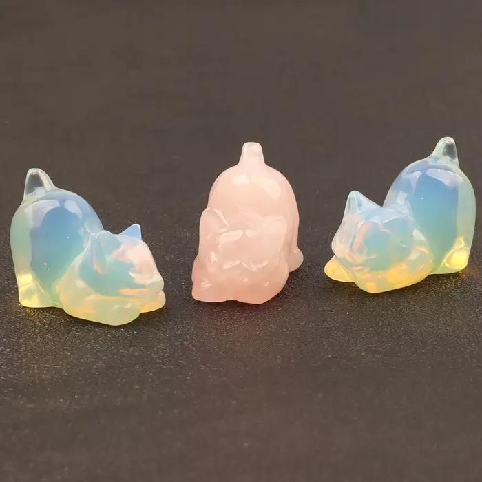 Figurine de chat mignon en quartz rose sculpté, pierre naturelle, jouet de dessin animé, mini artisanat en jade, décoration chakra en obsidienne