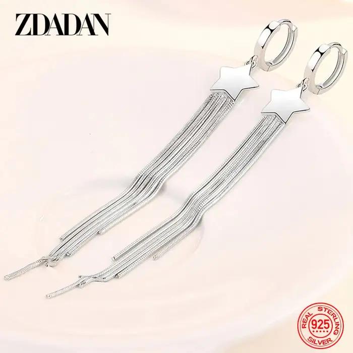 ZDADAN 925 en argent Sterling étoile à cinq branches frangée longues boucles d'oreilles pour les femmes mode fête cadeau de mariage