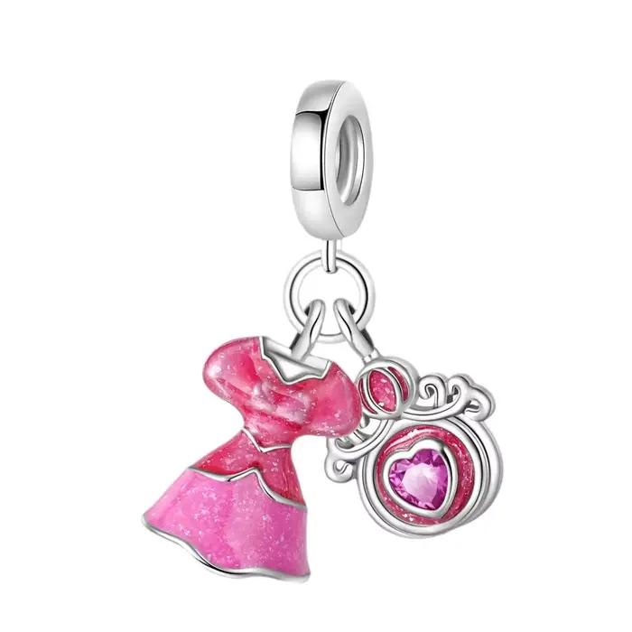 Breloque Perle en Argent 925 pour Fille, Série Rose, Motifs Robe de Princesse, Trousse de Maquillage, Chaussures de Danse, Queue de Cheval, Beauté, Compatible Bracelet DIY 3mm