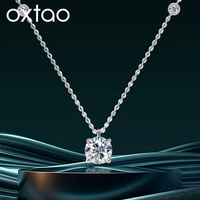 OXTAO – collier avec pendentif en moissanite de luxe, 2 carats, avec certificat, pour femmes, bijoux de mariage, couleur D, rempli d'or 14K