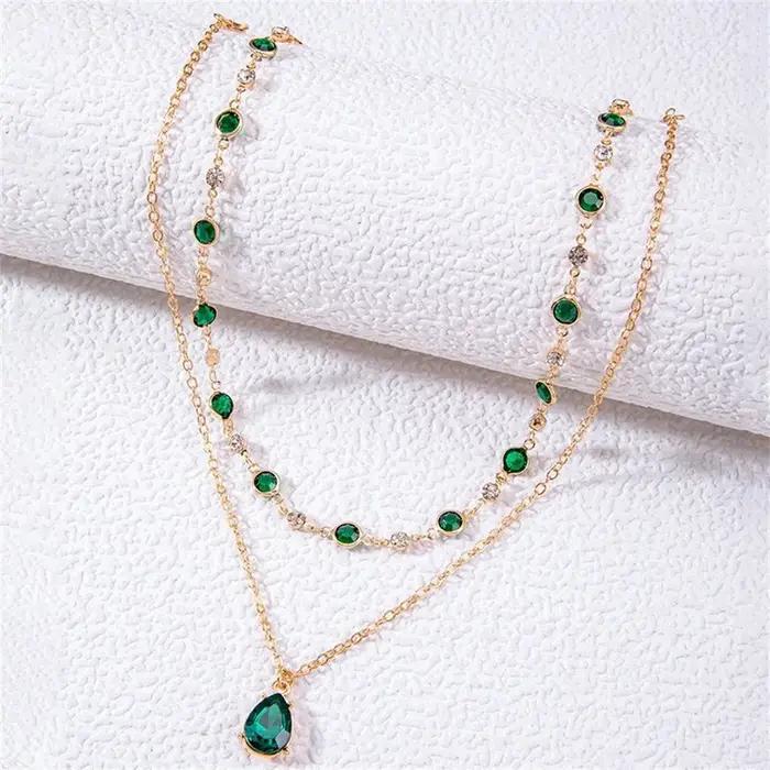 Mode Boho plaque d'or chaîne en cristal vert goutte d'eau pendentif femme collier pour femmes Vintage Baroque tour de cou bijoux cadeau