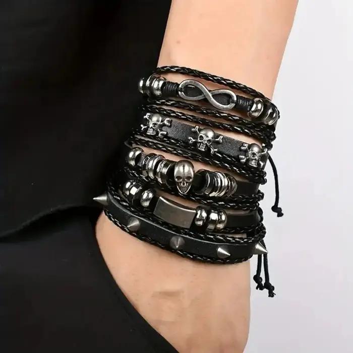 Ensemble de bracelets tressés de style punk 5 pièces en cuir et alliage de zinc violet pour homme et femme occasions spéciales