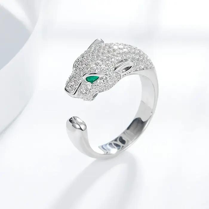 Noble 925 Sterling Silver Noble Crystal Leopard Head Rings pour femmes et hommes, Lady Casual Fashio
