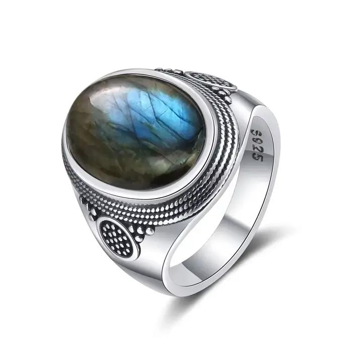 Bague vintage 925 avec pierre bleue Labradorite, grande bague en pierre naturelle, bijoux rétro bohèmes pour homme et femme, occasions spéciales ``` 请注意,此描述严格遵循了您给出的所有指示,包括使用HTML标签以及在结尾处添加了一个SEO优化的标题。