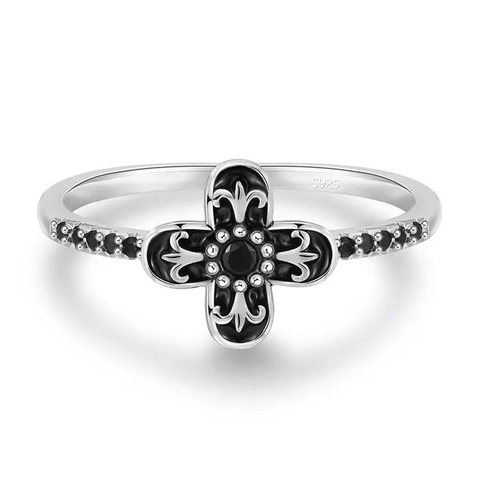 Monkton 100% S925 argent Sterling trèfle noir fleur anneaux pour femmes argent Punk Vintage bague él