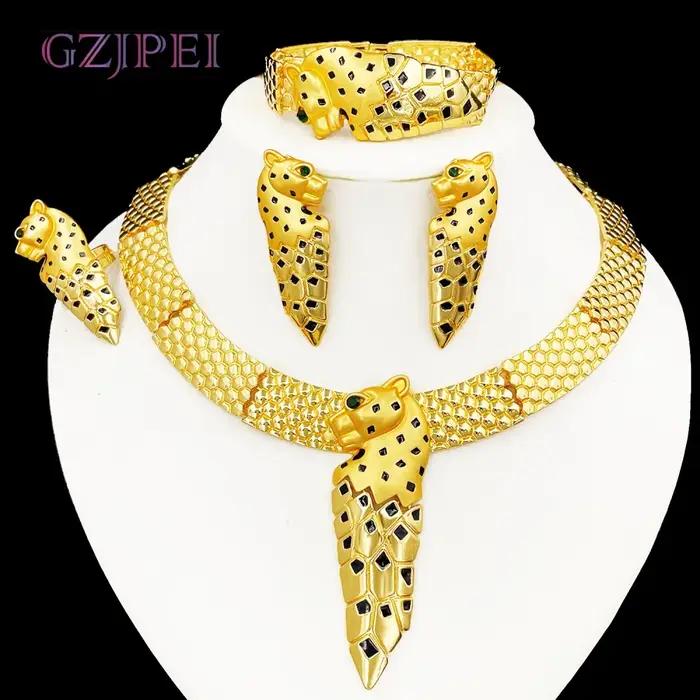 GZJPEI exagérer grand ensemble de bijoux couleur or africain léopard collier Bracelet Chic grande bo