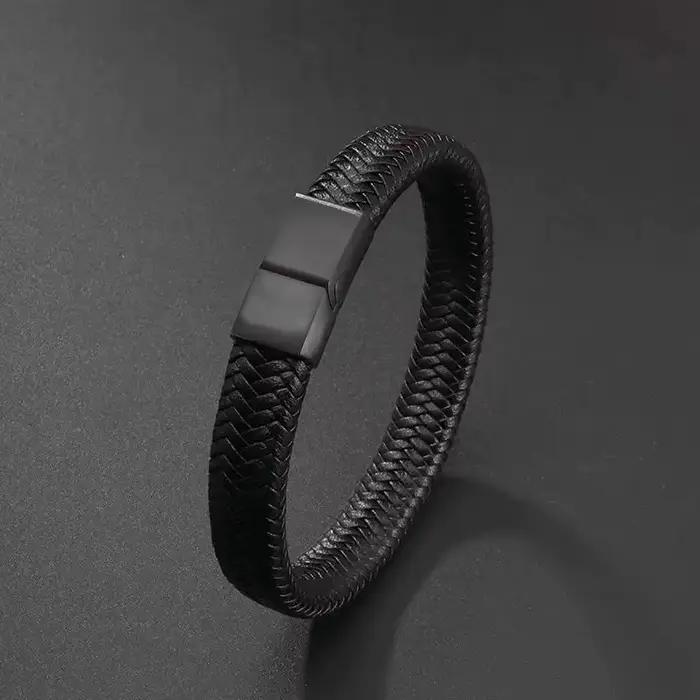 Bracelet classique en cuir noir pour hommes, bijoux à main, beau cadeau