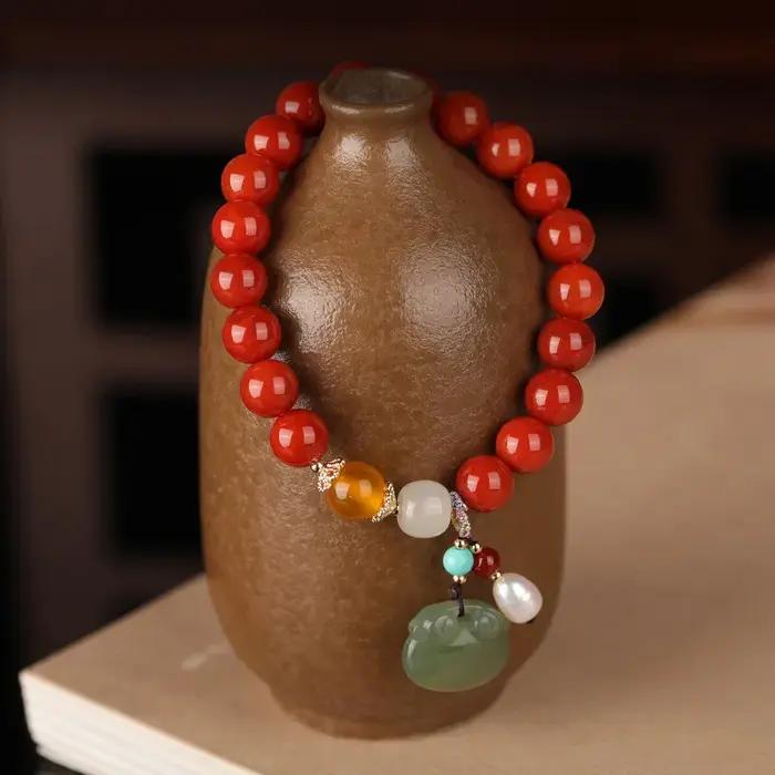 Agate attirant la richesse cercle perle naturel sud rouge Bracelet avec ambre vert pin rond
