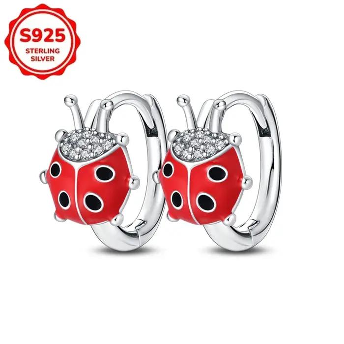Boucles d'oreilles doubles en argent sterling 925 motif coccinelle rouge bijoux originaux fins cadeaux de fiançailles anniversaires pour femmes occasions spéciales