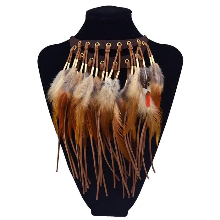 Collier Vintage Bohème à Plumes Longues et Pendentif en Cuir pour Femme Occasions Spéciales Soirées Festivals