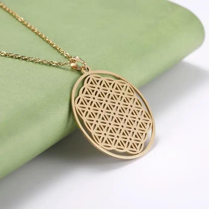 Collier Fleur de Vie Mandala Runes en Acier Inoxydable pour Femmes Occasions Spéciales Géométrie Sacrée Plantes