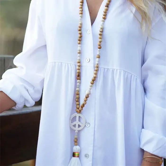 Long collier à pampilles de perles en bois pour femmes