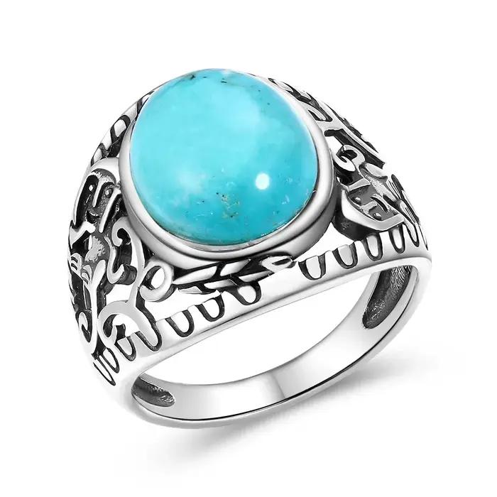 Bagues rétro en turquoise naturelle plaquées argent pour femmes et hommes