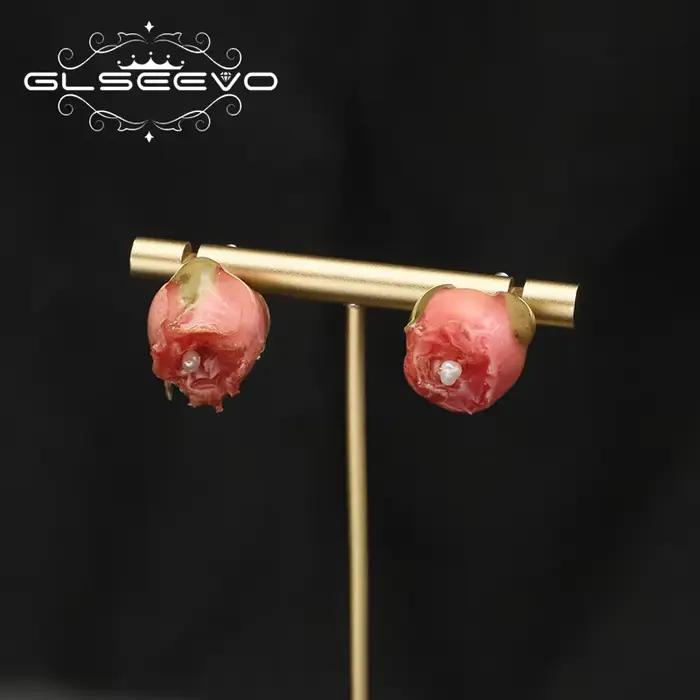 Boucles d'Oreilles en Perles Naturelles de Fleurs Roses pour Femme