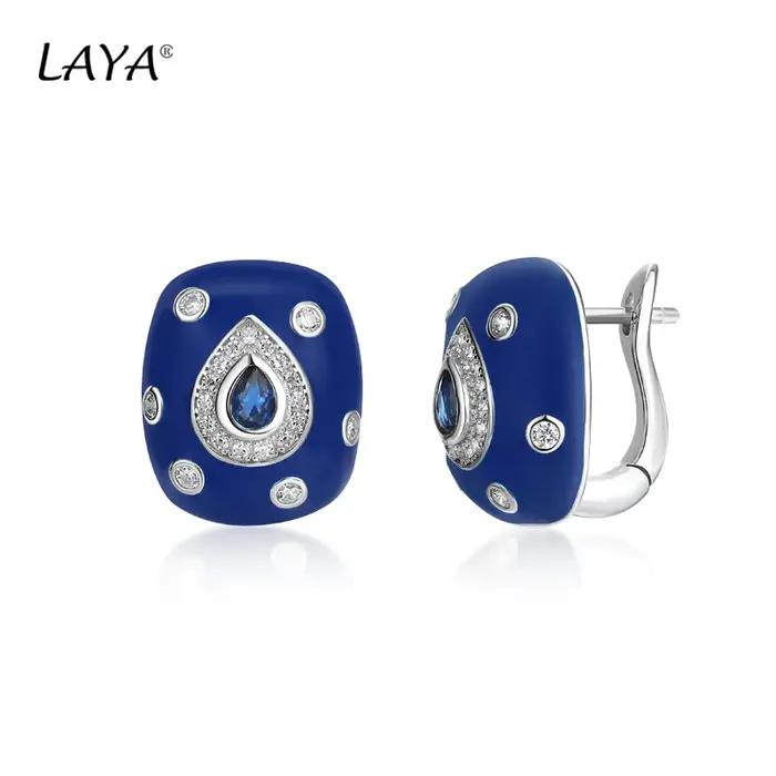Laya-Boucles d'oreilles clip en émail bleu cristal synthétique pour femme