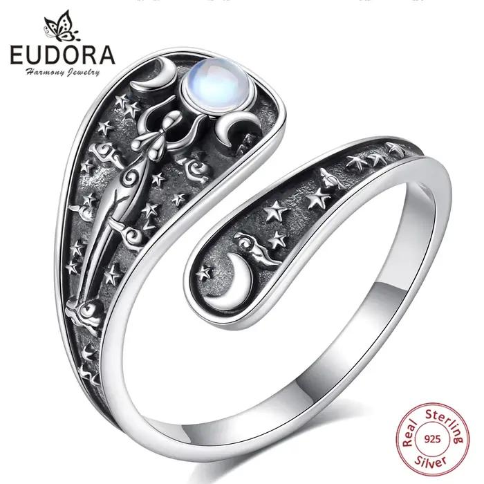 Bague Ajustable en Argent Sterling 925 Triple Lune Goddess Hecate Pierre de Lune Amulette Cuillère Vintage Bijoux Cadeau Femme Occasions Spéciales