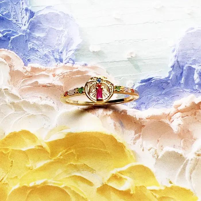 Bague dorée en forme de palmier coloré