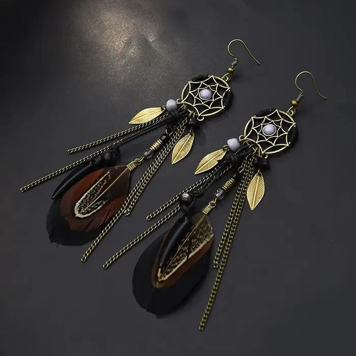Boho ethnique capteur de rêves plume Antique Long crochet boucles d'oreilles fantaisie à la main chaîne gland boucle d'oreille pour les femmes bijoux