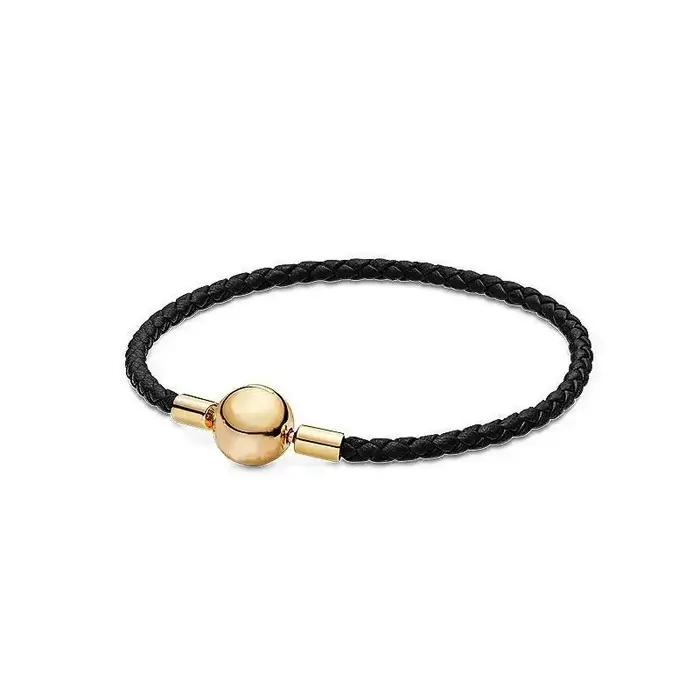 Bracelet en cuir avec perles rondes en argent pur S925