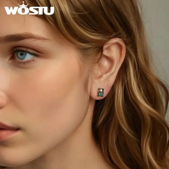WOSTU 925 en argent Sterling belles boucles d'oreilles Panda avec coeur vert cristal ours rose boucle d'oreille de fête fille anniversaire bijoux cadeau