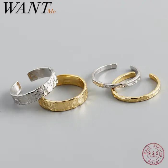 WANTME 925 en argent Sterling Unique irrégulier minimaliste anneau ouvert femmes hommes européen martelé Hip Hop Couples bijoux accessoires