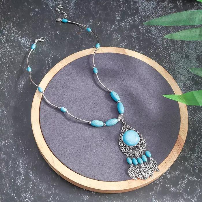 Collier en pierre turquoise naturelle pour femmes, style bohème, goutte d'eau, bijoux ethniques pour occasions spéciales et quotidienne