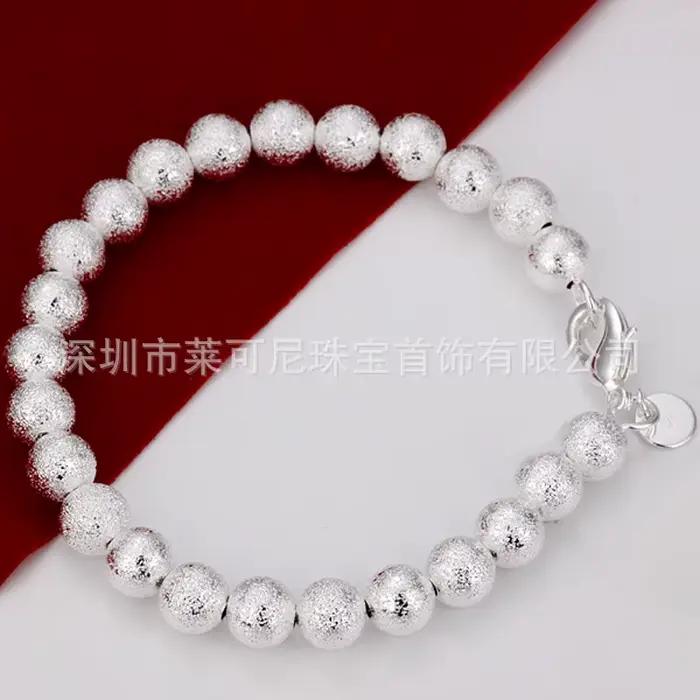 Bracelet en argent Sterling 925 avec perles rondes givrées bijou mode homme femme cadeau d'anniversaire occassion spéciale partie ajustement confortable design géométrique style moderne