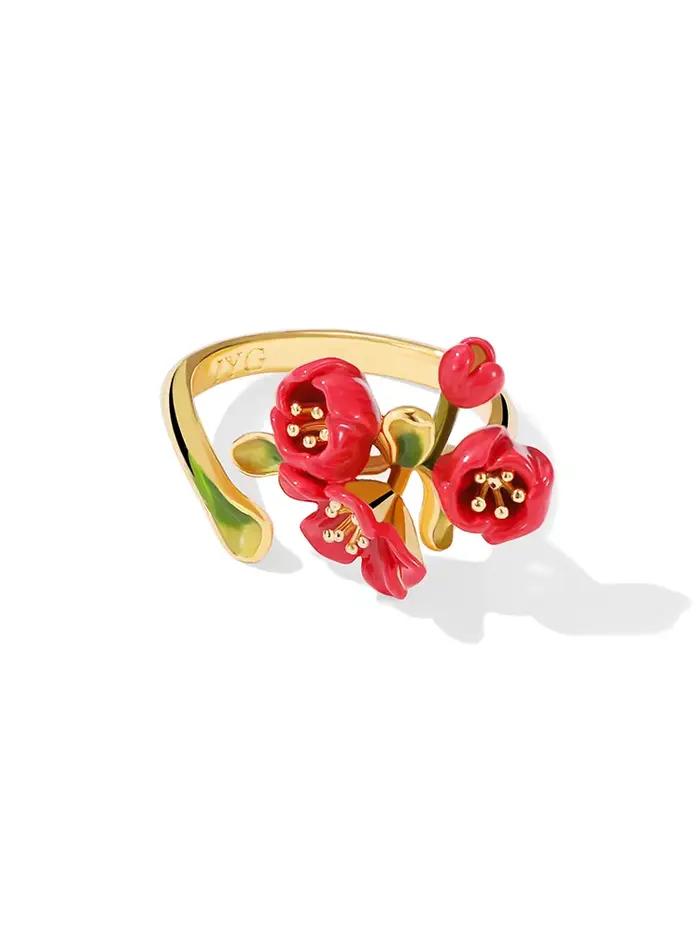 JUICY GRAPE-Bague fleur de bégonie rouge pour femme, bague réglable en émail de luxe français, plaqu