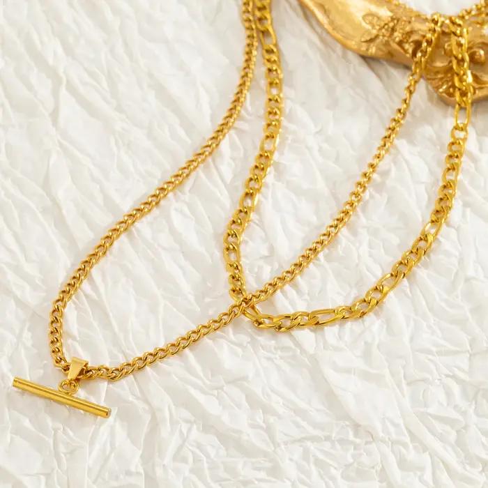 Collier superposé pour femme minimaliste empilable - Plaqué or 18 carats en acier inoxydable hypoallergénique élégant double chaîne bijoux